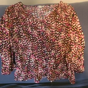 Printed Peplum Button-Up Blouse  Pink Black Cream Sz Xl 3/4 Sleeve Rayon